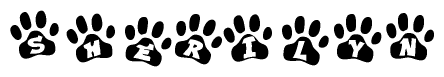 The image shows a series of animal paw prints arranged horizontally. Within each paw print, there's a letter; together they spell Sherilyn