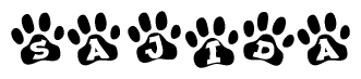 The image shows a row of animal paw prints, each containing a letter. The letters spell out the word Sajida within the paw prints.