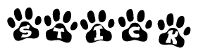 The image shows a row of animal paw prints, each containing a letter. The letters spell out the word Stick within the paw prints.