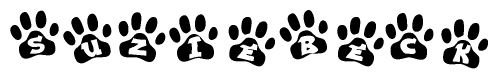 The image shows a series of animal paw prints arranged in a horizontal line. Each paw print contains a letter, and together they spell out the word Suziebeck.