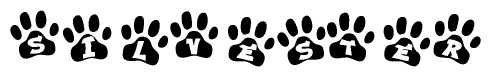 The image shows a series of animal paw prints arranged horizontally. Within each paw print, there's a letter; together they spell Silvester