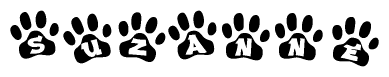 The image shows a row of animal paw prints, each containing a letter. The letters spell out the word Suzanne within the paw prints.