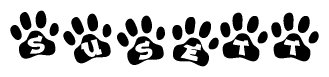 The image shows a row of animal paw prints, each containing a letter. The letters spell out the word Susett within the paw prints.