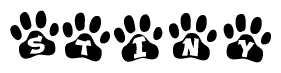 The image shows a series of animal paw prints arranged horizontally. Within each paw print, there's a letter; together they spell Stiny