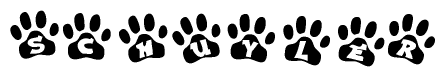 The image shows a series of animal paw prints arranged in a horizontal line. Each paw print contains a letter, and together they spell out the word Schuyler.