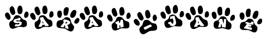 The image shows a row of animal paw prints, each containing a letter. The letters spell out the word Sarah-jane within the paw prints.
