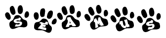 The image shows a series of animal paw prints arranged in a horizontal line. Each paw print contains a letter, and together they spell out the word Seamus.