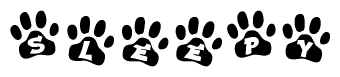 The image shows a row of animal paw prints, each containing a letter. The letters spell out the word Sleepy within the paw prints.