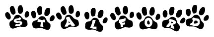 The image shows a series of animal paw prints arranged in a horizontal line. Each paw print contains a letter, and together they spell out the word Stalford.