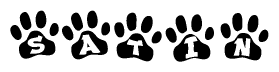 The image shows a row of animal paw prints, each containing a letter. The letters spell out the word Satin within the paw prints.