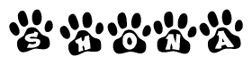   The image shows a series of animal paw prints arranged in a horizontal line. Each paw print contains a letter, and together they spell out the word Shona. 