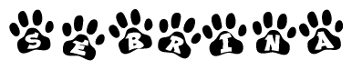 The image shows a series of animal paw prints arranged in a horizontal line. Each paw print contains a letter, and together they spell out the word Sebrina.