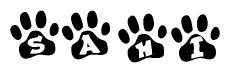 The image shows a series of animal paw prints arranged in a horizontal line. Each paw print contains a letter, and together they spell out the word Sahi.