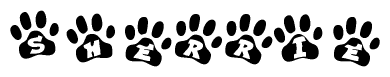 The image shows a row of animal paw prints, each containing a letter. The letters spell out the word Sherrie within the paw prints.