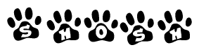 The image shows a series of animal paw prints arranged horizontally. Within each paw print, there's a letter; together they spell Shosh