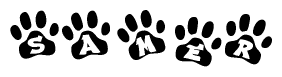 The image shows a series of animal paw prints arranged horizontally. Within each paw print, there's a letter; together they spell Samer