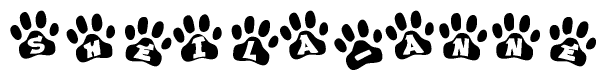 The image shows a series of animal paw prints arranged in a horizontal line. Each paw print contains a letter, and together they spell out the word Sheila-anne.
