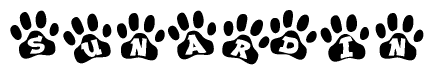 The image shows a row of animal paw prints, each containing a letter. The letters spell out the word Sunardin within the paw prints.