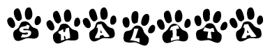 The image shows a row of animal paw prints, each containing a letter. The letters spell out the word Shalita within the paw prints.