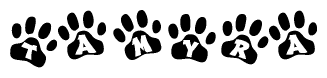 The image shows a row of animal paw prints, each containing a letter. The letters spell out the word Tamyra within the paw prints.