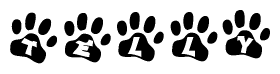   The image shows a series of animal paw prints arranged in a horizontal line. Each paw print contains a letter, and together they spell out the word Telly. 