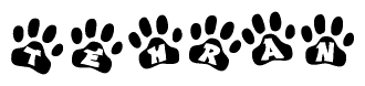 The image shows a series of animal paw prints arranged horizontally. Within each paw print, there's a letter; together they spell Tehran