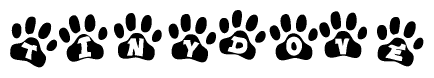 The image shows a series of animal paw prints arranged horizontally. Within each paw print, there's a letter; together they spell Tinydove