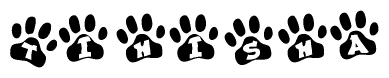 The image shows a series of animal paw prints arranged in a horizontal line. Each paw print contains a letter, and together they spell out the word Tihisha.