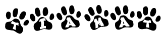 The image shows a series of animal paw prints arranged horizontally. Within each paw print, there's a letter; together they spell Tiamat
