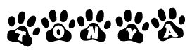 The image shows a series of animal paw prints arranged in a horizontal line. Each paw print contains a letter, and together they spell out the word Tonya.