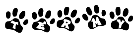 The image shows a series of animal paw prints arranged horizontally. Within each paw print, there's a letter; together they spell Termy