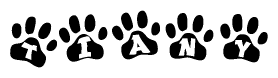 The image shows a series of animal paw prints arranged horizontally. Within each paw print, there's a letter; together they spell Tiany