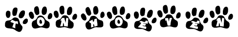 The image shows a series of animal paw prints arranged in a horizontal line. Each paw print contains a letter, and together they spell out the word Tonhoeven.