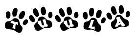 The image shows a series of animal paw prints arranged horizontally. Within each paw print, there's a letter; together they spell Tuula