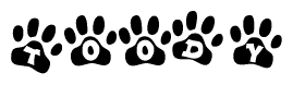 The image shows a series of animal paw prints arranged horizontally. Within each paw print, there's a letter; together they spell Toody
