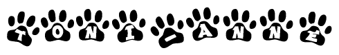 The image shows a series of animal paw prints arranged horizontally. Within each paw print, there's a letter; together they spell Toni-anne