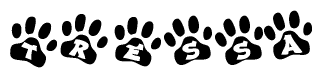 The image shows a row of animal paw prints, each containing a letter. The letters spell out the word Tressa within the paw prints.