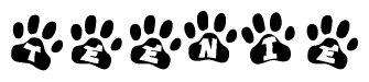The image shows a series of animal paw prints arranged horizontally. Within each paw print, there's a letter; together they spell Teenie