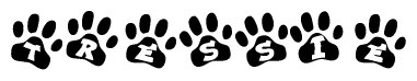 The image shows a series of animal paw prints arranged in a horizontal line. Each paw print contains a letter, and together they spell out the word Tressie.