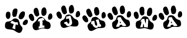The image shows a row of animal paw prints, each containing a letter. The letters spell out the word Tijuana within the paw prints.