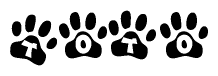 The image shows a series of animal paw prints arranged in a horizontal line. Each paw print contains a letter, and together they spell out the word Toto.