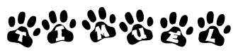 The image shows a series of animal paw prints arranged horizontally. Within each paw print, there's a letter; together they spell Timuel