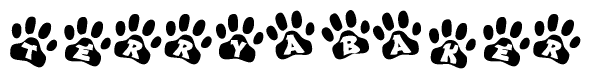 The image shows a series of animal paw prints arranged horizontally. Within each paw print, there's a letter; together they spell Terryabaker
