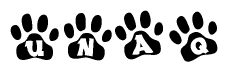 The image shows a row of animal paw prints, each containing a letter. The letters spell out the word Unaq within the paw prints.