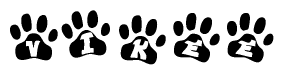 The image shows a row of animal paw prints, each containing a letter. The letters spell out the word Vikee within the paw prints.