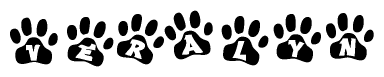 The image shows a row of animal paw prints, each containing a letter. The letters spell out the word Veralyn within the paw prints.