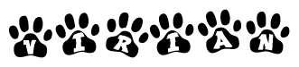 The image shows a series of animal paw prints arranged in a horizontal line. Each paw print contains a letter, and together they spell out the word Virian.