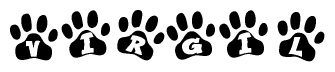 The image shows a series of animal paw prints arranged horizontally. Within each paw print, there's a letter; together they spell Virgil