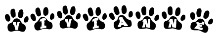 The image shows a series of animal paw prints arranged in a horizontal line. Each paw print contains a letter, and together they spell out the word Vivianne.