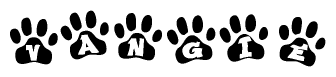 The image shows a row of animal paw prints, each containing a letter. The letters spell out the word Vangie within the paw prints.